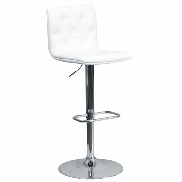 Tufted White Vinyl Barstool, Adj Height