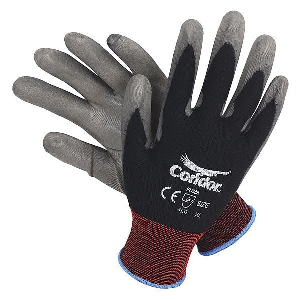 Polyurethane Coated Gloves, Palm Coverage, Black/Gray, L, PR