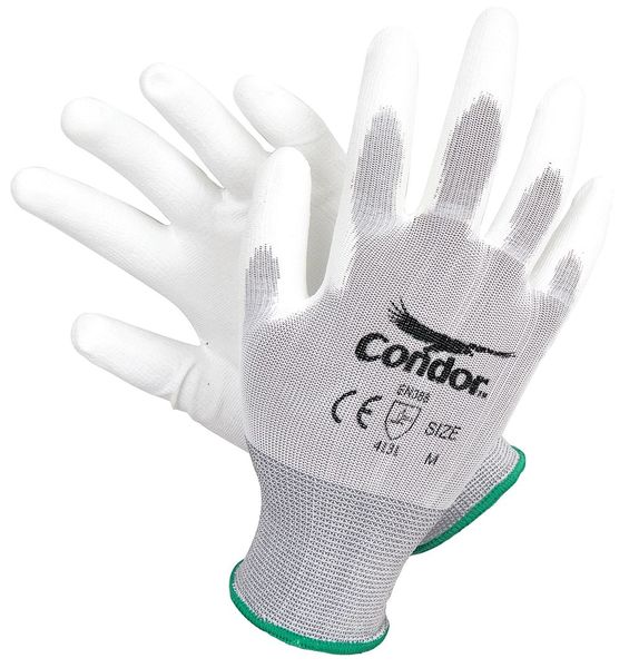 Polyurethane Coated Gloves, Palm Coverage, White, L, PR