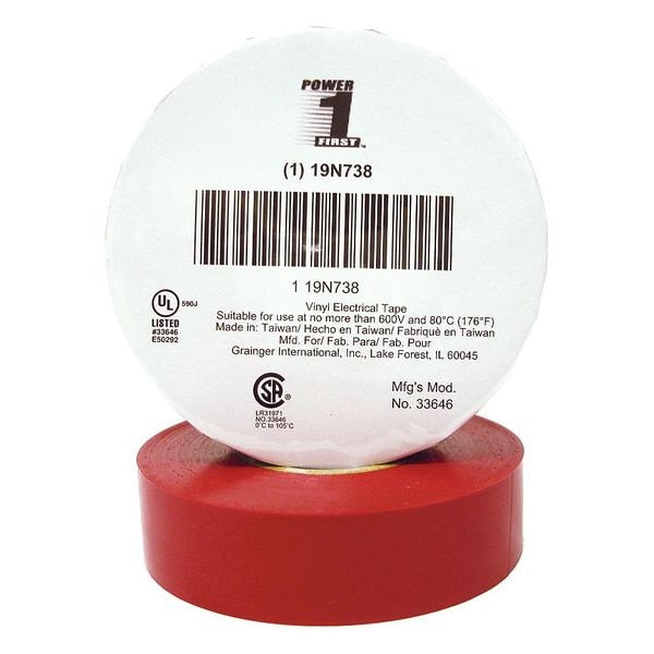 Vinyl Electrical Tape, 3/4 in W x 66 ft L, 7 mil thick, Red 1 Pack