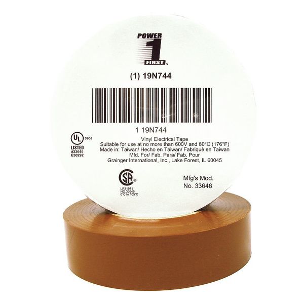 Vinyl Electrical Tape, 3/4 in W x 66 ft L, 7 mil thick, Brown, 1 Pack