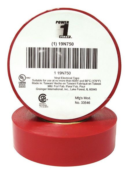 Vinyl Electrical Tape, 3/4 in W x 60 ft L, 7 mil thick, Red, 1 Pack