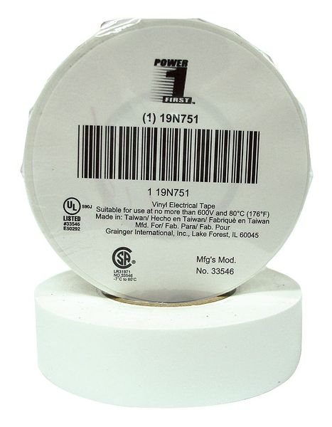 Vinyl Electrical Tape, 3/4 in W x 60 ft, 7 mil thick, White, 1 Pack