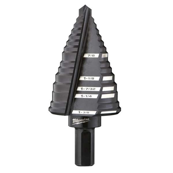 Step Drill Bit, 5 Hole Sizes, 7/8 in to 1-3/8 in, 3/16 Step Increments, High Speed Steel, Hex Shank