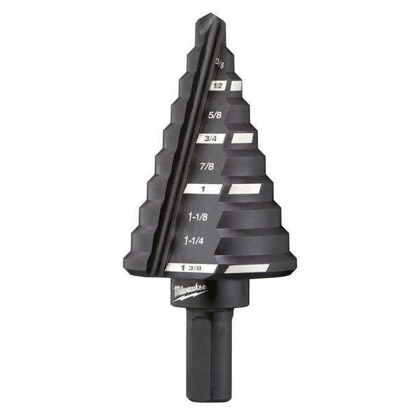 Step Drill Bit, 10 Hole Sizes, 1/4 in to 1-3/8 in 1/8 in Step Increments, Fractional Inch