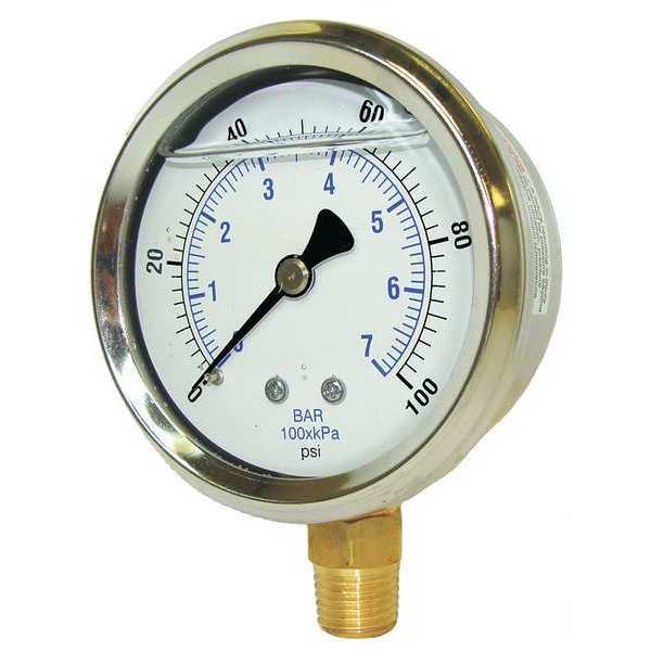 Industrial Pressure Gauge, 0 to 100 psi, 2 in Dial, 1/4 in NPT Male, Dual, Stainless, Silver