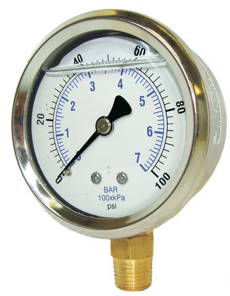 Pressure Gauge, 0 to 300 psi, 1/8 in MNPT, Stainless Steel, Silver