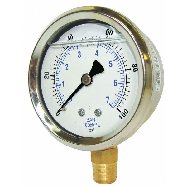 Industrial Pressure Gauge, 0 to 100 psi, 2 in Dial, 1/4 in NPT Male, Dual, Stainless, Silver