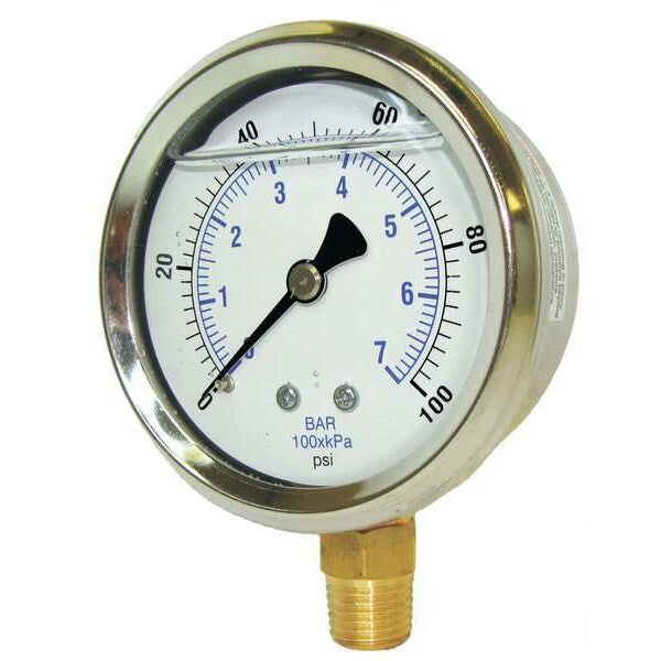 Pressure Gauge, 0 to 5000 psi, 1/2 in MNPT, Stainless Steel, Silver