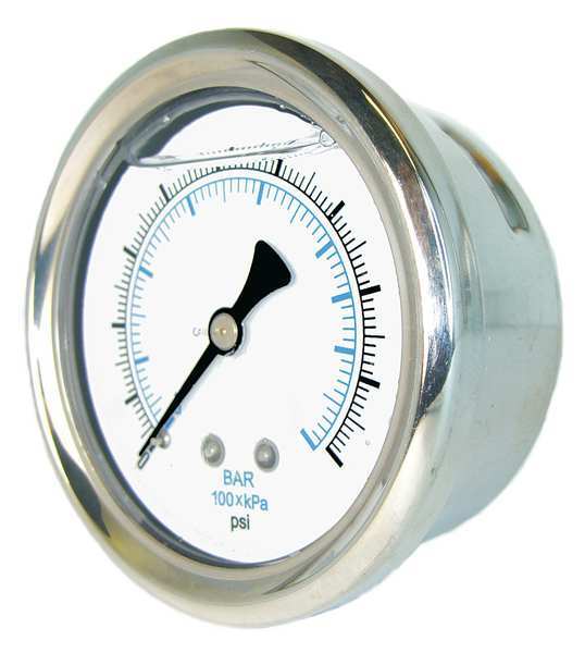 Pressure Gauge, 0 to 60 psi, 1/8 in MNPT, Stainless Steel, Silver