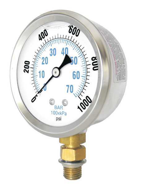 Pressure Gauge, 0 to 3000 psi, Number 4 SAE, Stainless Steel, Silver
