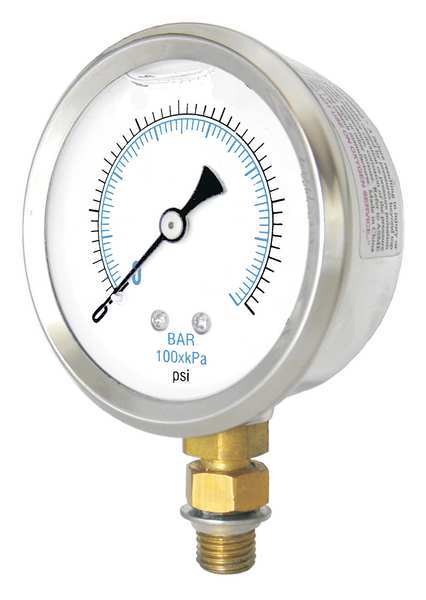 Pressure Gauge, 0 to 3000 psi, Number 4 SAE, Stainless Steel, Silver
