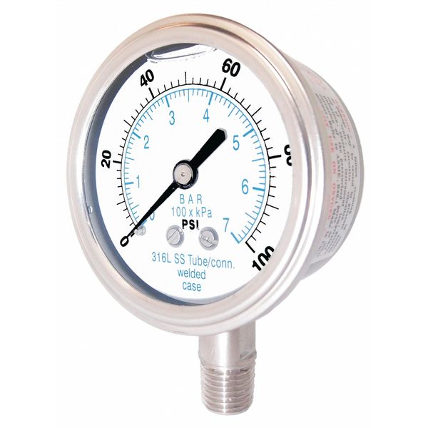 Pressure Gauge, 0 to 20,000 psi, 1/4 in MNPT, Stainless Steel, Silver