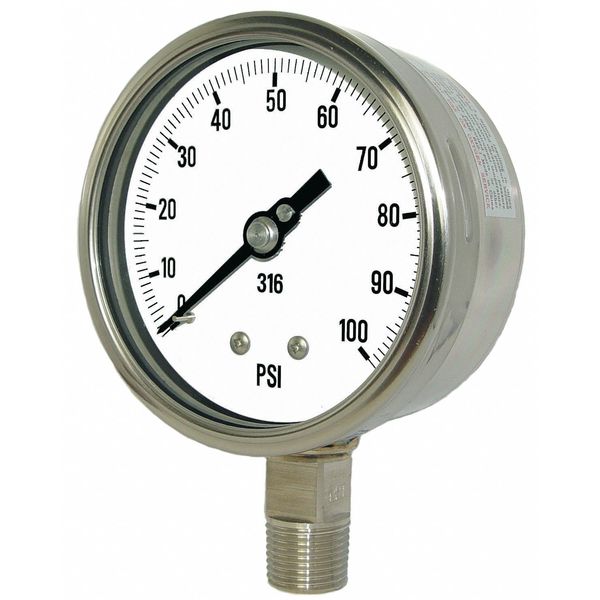 Pressure Gauge, 0 to 15,000 psi, 1/2 in MNPT, Stainless Steel, Silver
