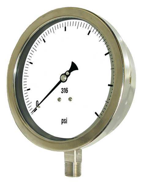 Pressure Gauge, 0 to 300 psi, 1/2 in MNPT, Stainless Steel, Silver