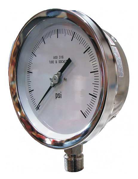 Pressure Gauge, 0 to 100 psi, 1/4 in MNPT, Stainless Steel, Silver