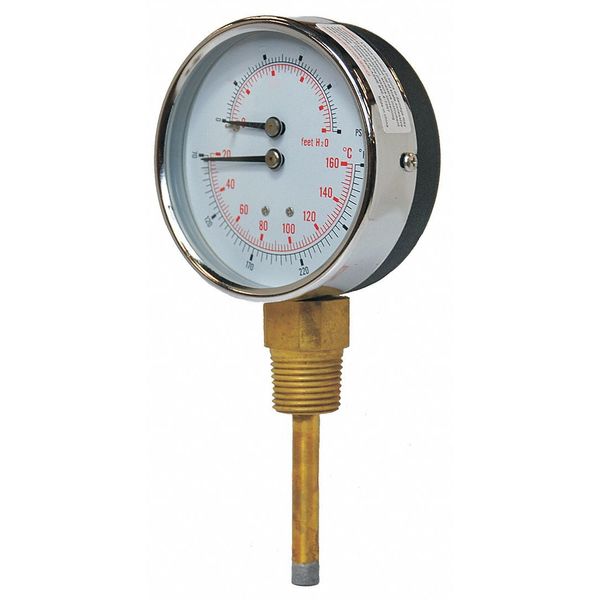 Round Boiler Gauge, 0 to 200 psi, 1/2 in MNPT, Steel, Silver