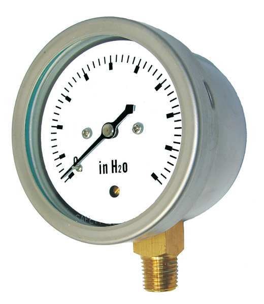 Pressure Gauge, 0 to 20 oz/sq in, 1/4 in MNPT, Stainless Steel, Silver