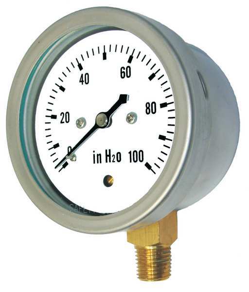 Pressure Gauge, 0 to 10 oz/sq in, 1/2 in MNPT, Stainless Steel, Silver