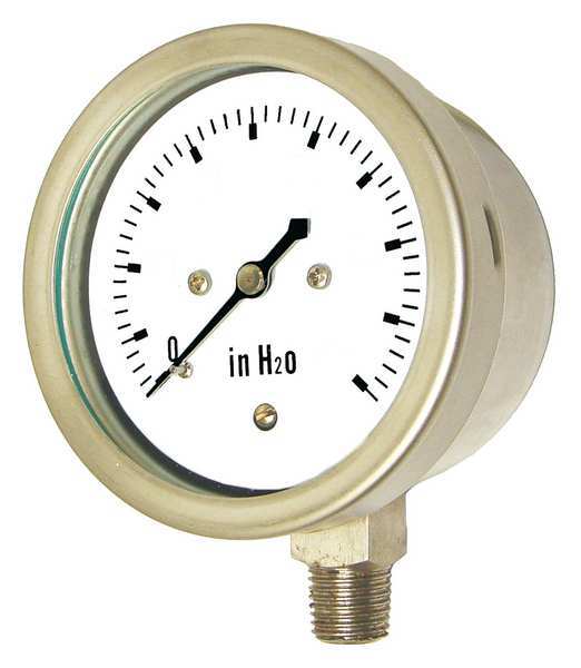 Pressure Gauge, 0 to 30 in wc, 1/4 in MNPT, Stainless Steel, Silver