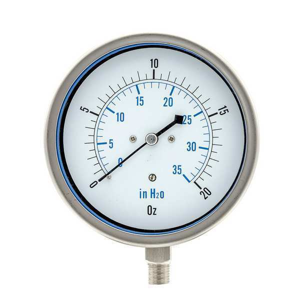 Pressure Gauge, 0 to 20 oz/sq in, 1/4 in MNPT, Stainless Steel, Silver