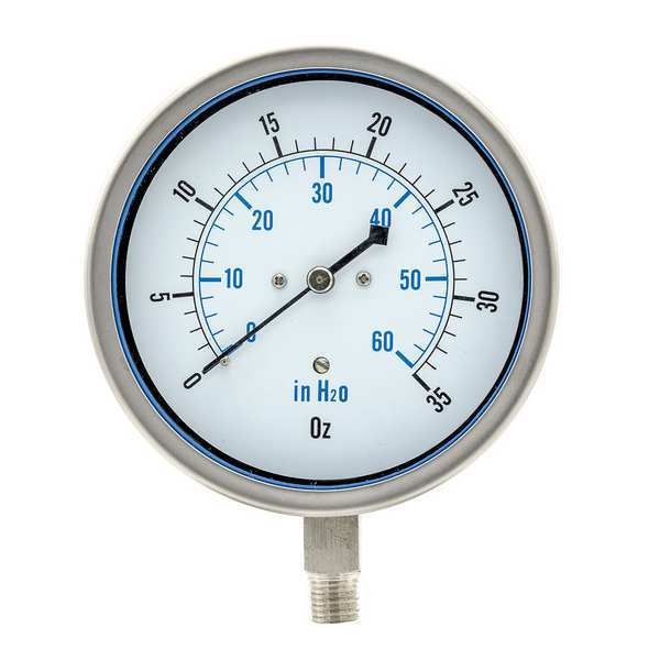 Pressure Gauge, 0 to 35 oz/sq in, 1/4 in MNPT, Stainless Steel, Silver