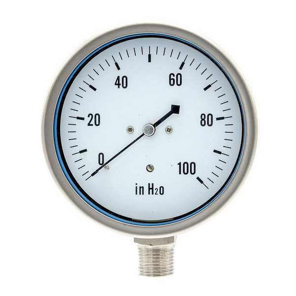 Pressure Gauge, 0 to 100 in wc, 1/2 in MNPT, Stainless Steel, Silver