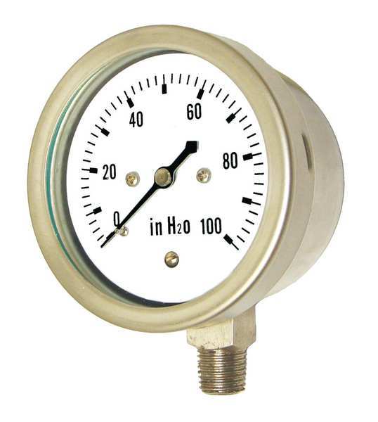 Pressure Gauge, 0 to 20 oz/sq in, 1/2 in MNPT, Stainless Steel, Silver