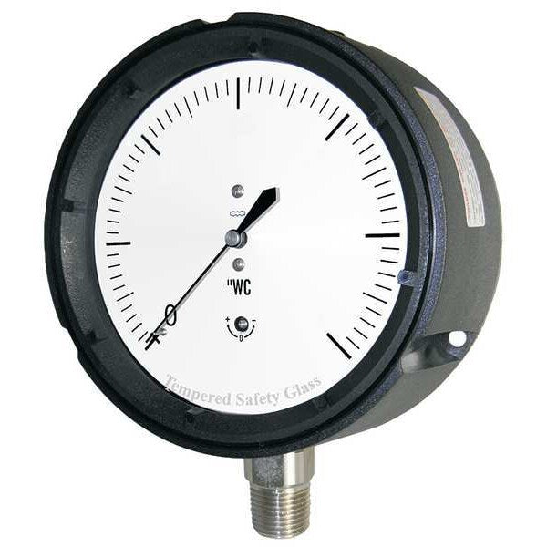 Pressure Gauge, 0 to 100 in wc, 1/4 in MNPT, Plastic, Black