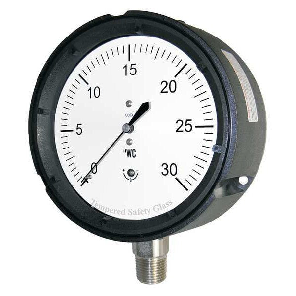 Pressure Gauge, 0 to 100 in wc, 1/4 in MNPT, Plastic, Black
