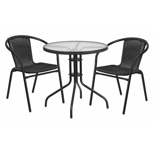 Round Glass Table w/2 Blk Rattan Chrs, Rnd, 28