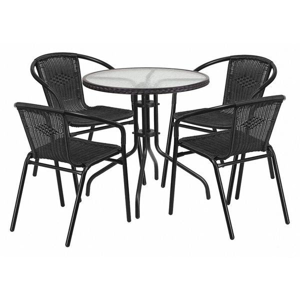 Round Glass Table w/4 Blk Rattan Chrs, Rnd, 28