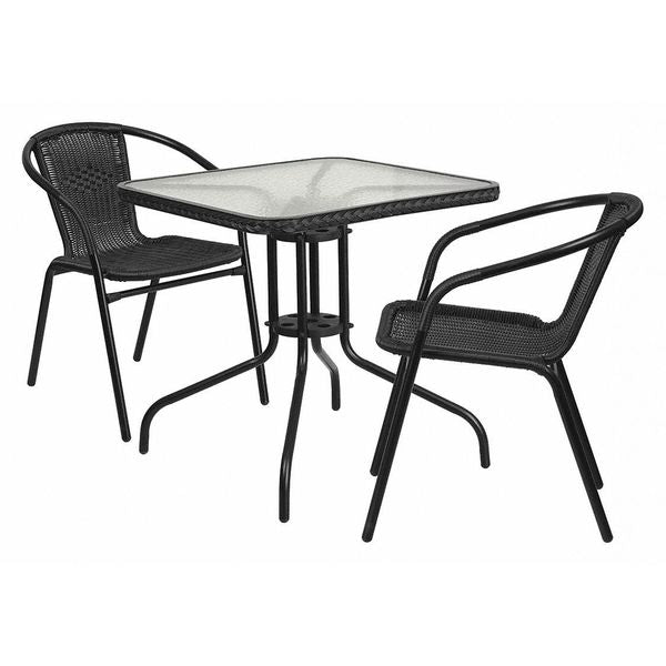 Square Table Set, 28 W, 28 L, 28 H, Aluminum, Glass, Metal, Plastic, Rattan Top, Clear