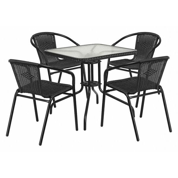 Square Table Set, 28 W, 28 L, 28 H, Aluminum, Glass, Metal, Plastic, Rattan Top, Clear