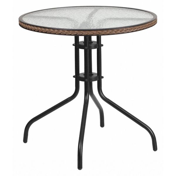Round Glass Table, Brown Rattan Edging, Rnd, 28