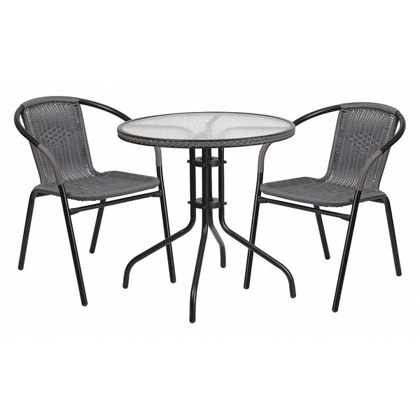 Round Table Set, 28.75 W, 28.75 L, 28 H, Aluminum, Glass, Metal, Plastic, Rattan Top, Clear