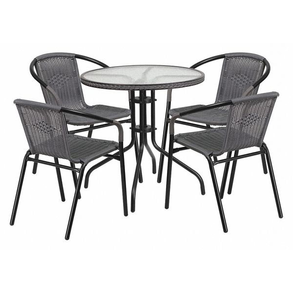 Round Table Set, 28.75 W, 28.75 L, 28 H, Aluminum, Glass, Metal, Plastic, Rattan Top, Clear