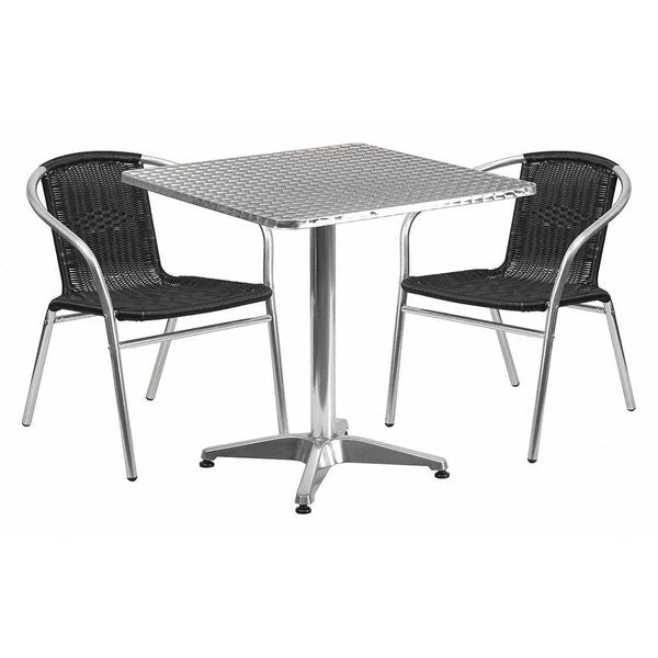 Square Table Set, 27.5 W, 27.5 L, 27.5 H, Aluminum, Plastic, Rattan, Stainless Steel Top, Grey