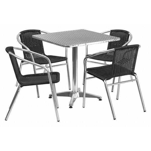 Square Table Set, 27.5 W, 27.5 L, 27.5 H, Aluminum, Plastic, Rattan, Stainless Steel Top, Grey