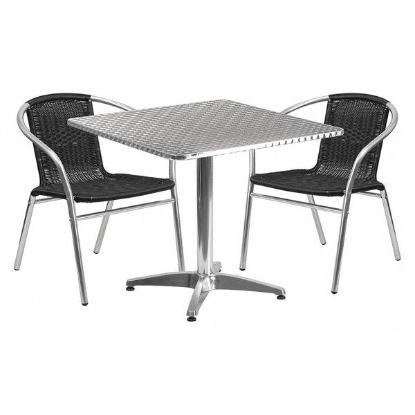 Square Table Set, 31.5 W, 31.5 L, 27.5 H, Aluminum, Plastic, Rattan, Stainless Steel Top, Grey