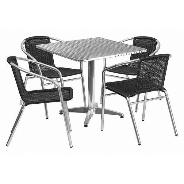 Square Table Set, 31.5 W, 31.5 L, 27.5 H, Aluminum, Plastic, Rattan, Stainless Steel Top, Grey