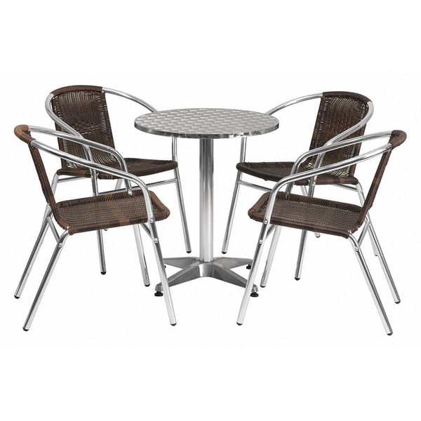 Round Table Set, 23.5 W, 23.5 L, 27.5 H, Aluminum, Plastic, Rattan, Stainless Steel Top, Grey