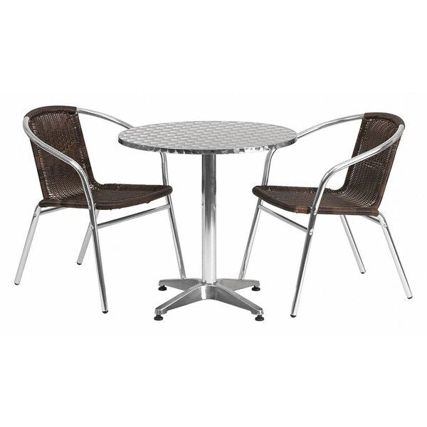 Round Table Set, 27.5 W, 27.5 L, 27.5 H, Aluminum, Plastic, Rattan, Stainless Steel Top, Grey