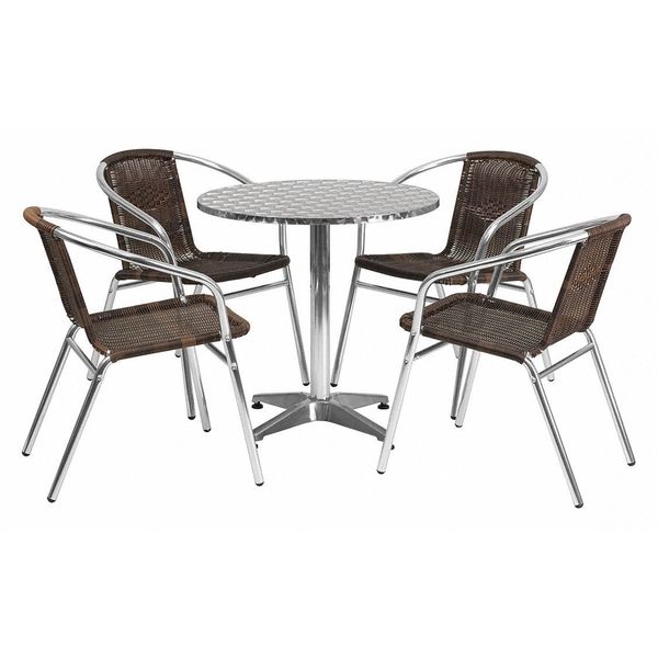 Round Table Set, 27.5 W, 27.5 L, 27.5 H, Aluminum, Plastic, Rattan, Stainless Steel Top, Grey