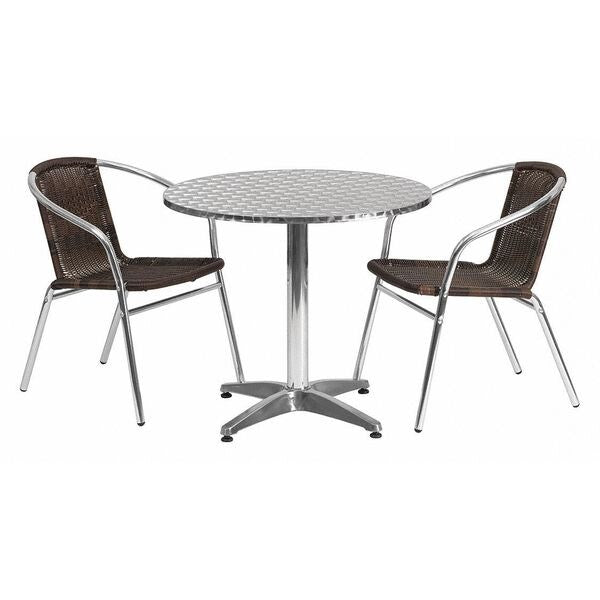 Round Table Set, 31.5 W, 31.5 L, 27.5 H, Aluminum, Plastic, Rattan, Stainless Steel Top, Grey