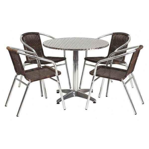 Round Table Set, 31.5 W, 31.5 L, 27.5 H, Aluminum, Plastic, Rattan, Stainless Steel Top, Grey