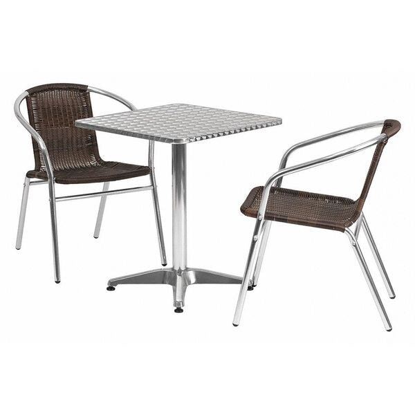Square Table Set, 23.5 W, 23.5 L, 27.5 H, Aluminum, Plastic, Rattan, Stainless Steel Top, Grey
