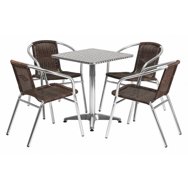 Square Table Set, 23.5 W, 23.5 L, 27.5 H, Aluminum, Plastic, Rattan, Stainless Steel Top, Grey