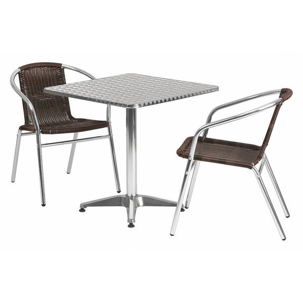 Square Table Set, 27.5 W, 27.5 L, 27.5 H, Aluminum, Plastic, Rattan, Stainless Steel Top, Grey