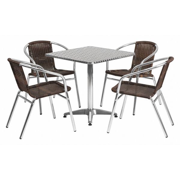Square Table Set, 27.5 W, 27.5 L, 27.5 H, Aluminum, Plastic, Rattan, Stainless Steel Top, Grey